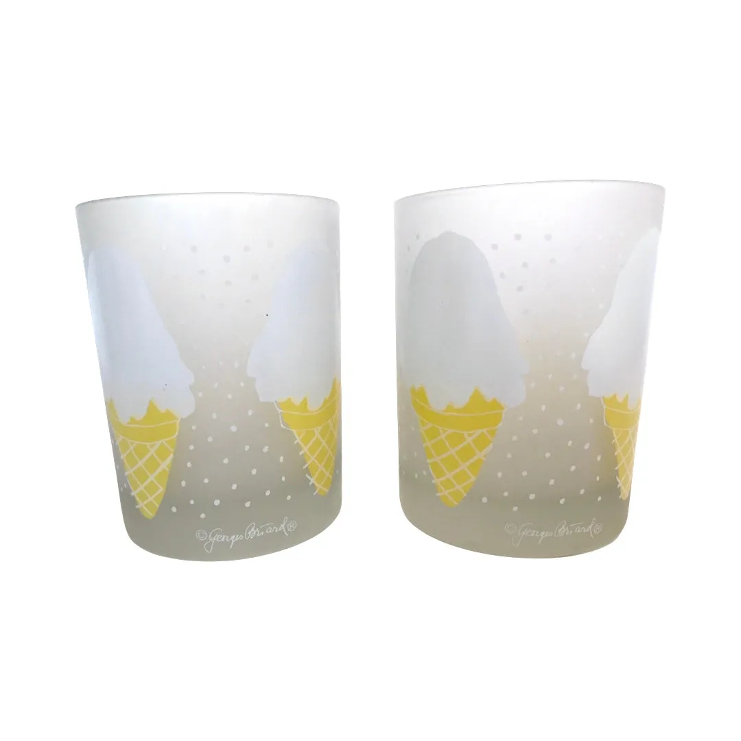Georges Briard Signed Mid-Century Frosted Ice Cream Cone Double Old Fashion Glasses (Set of 2)