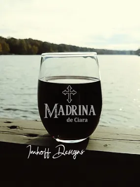 Personalized Madrina Gift | Wine Glass | Madrina With Cross